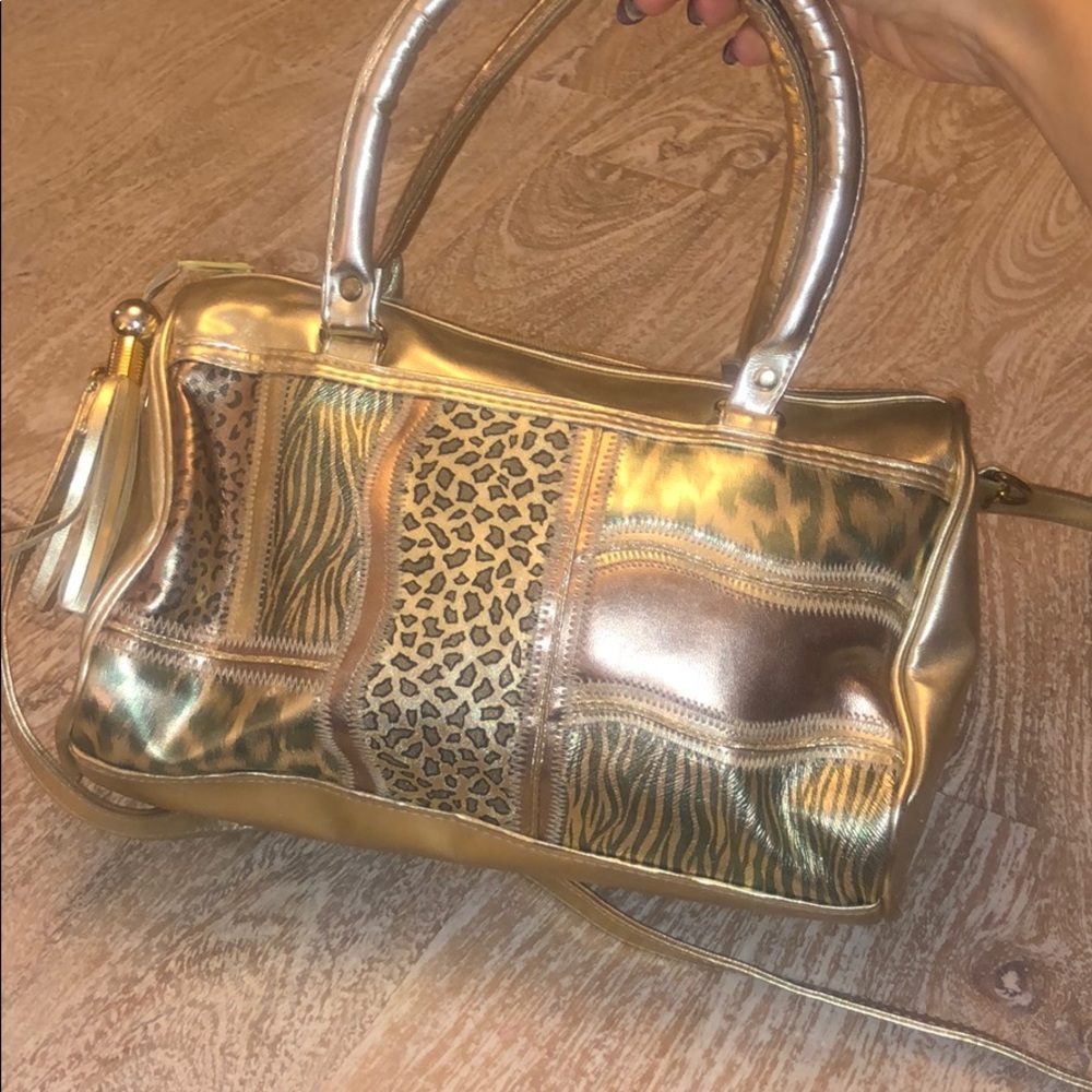 Gold lame animal print leopard cross body purse